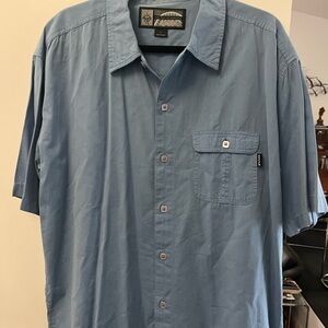 Prana Men's Lost Sol Short-Sleeve Button-Down Shirt in Light Blue one pocket L